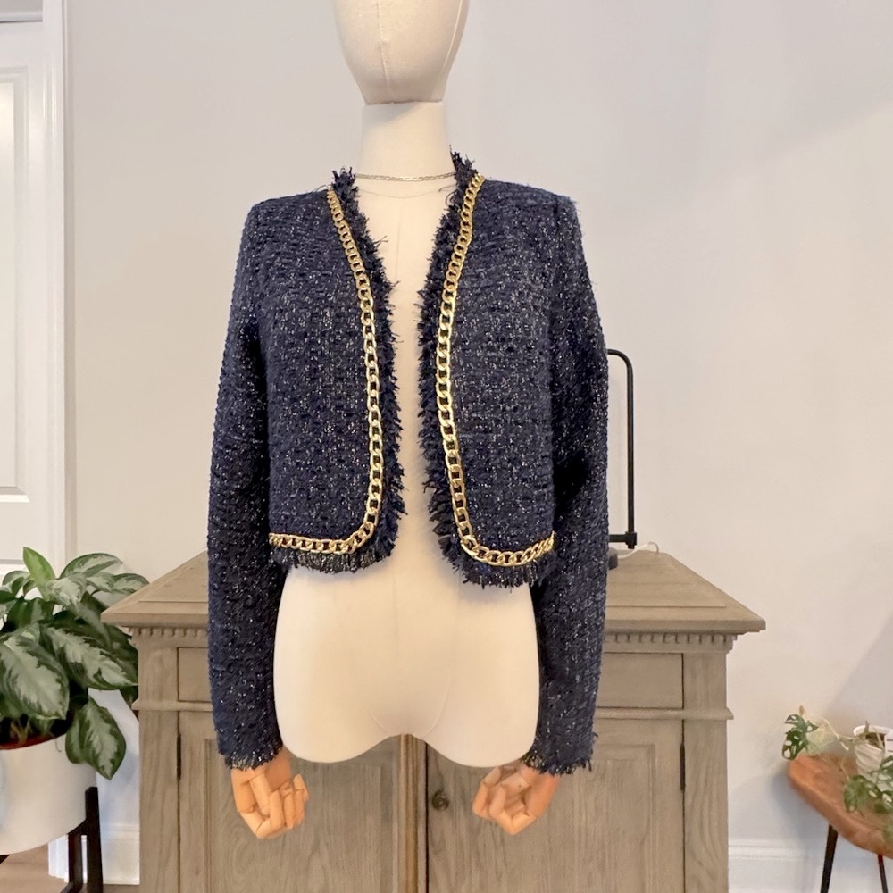 NWOT Christian Lacroix Navy and Gold Metallic Tweed Cropped Blazer | Small - Picture 3 of 13
